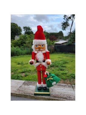 Traditional Santa Claus Wooden Nutcracker Holding Present Sack Holiday Decor